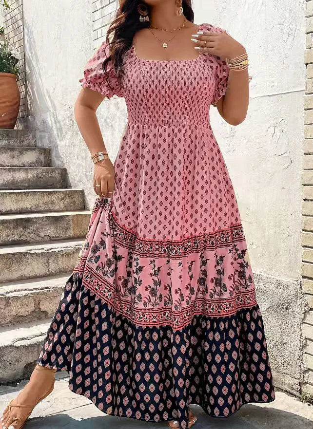 Women Short Sleeve Smocked Floral Print Bohemian Sundress