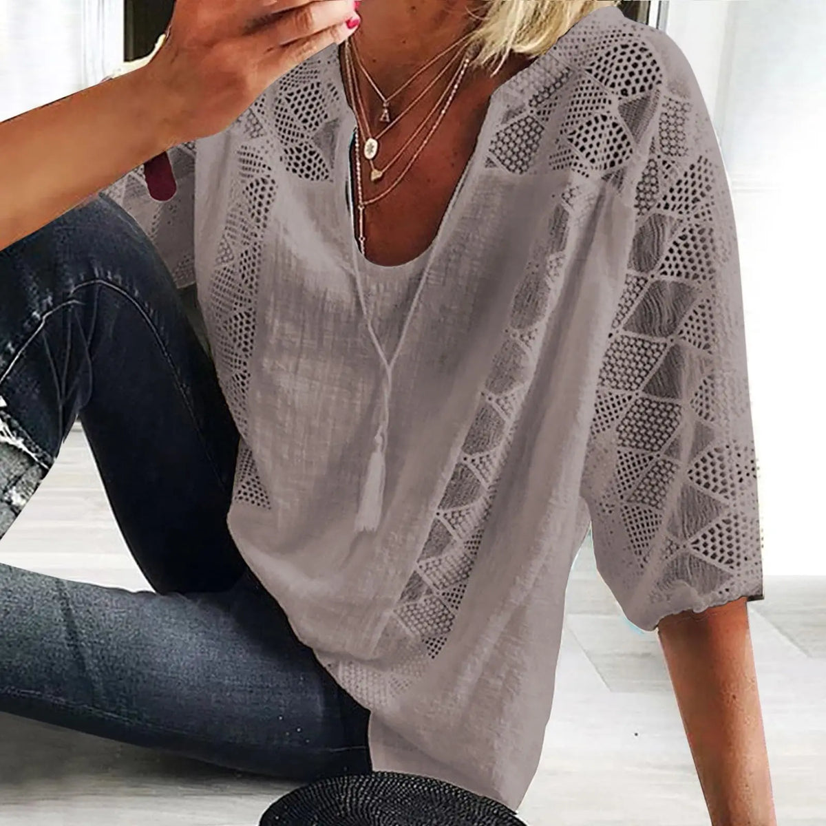 Women's Summer Cotton Shirt, Solid Color Casual Hollow U-Neck 3/4 Sleeve Lace Shirt, Women's Solid Color Lace Stitched Short-Sleeve T-Shirt, Loose Shirt, Women's Top, Short-Sleeve Loose Fit
