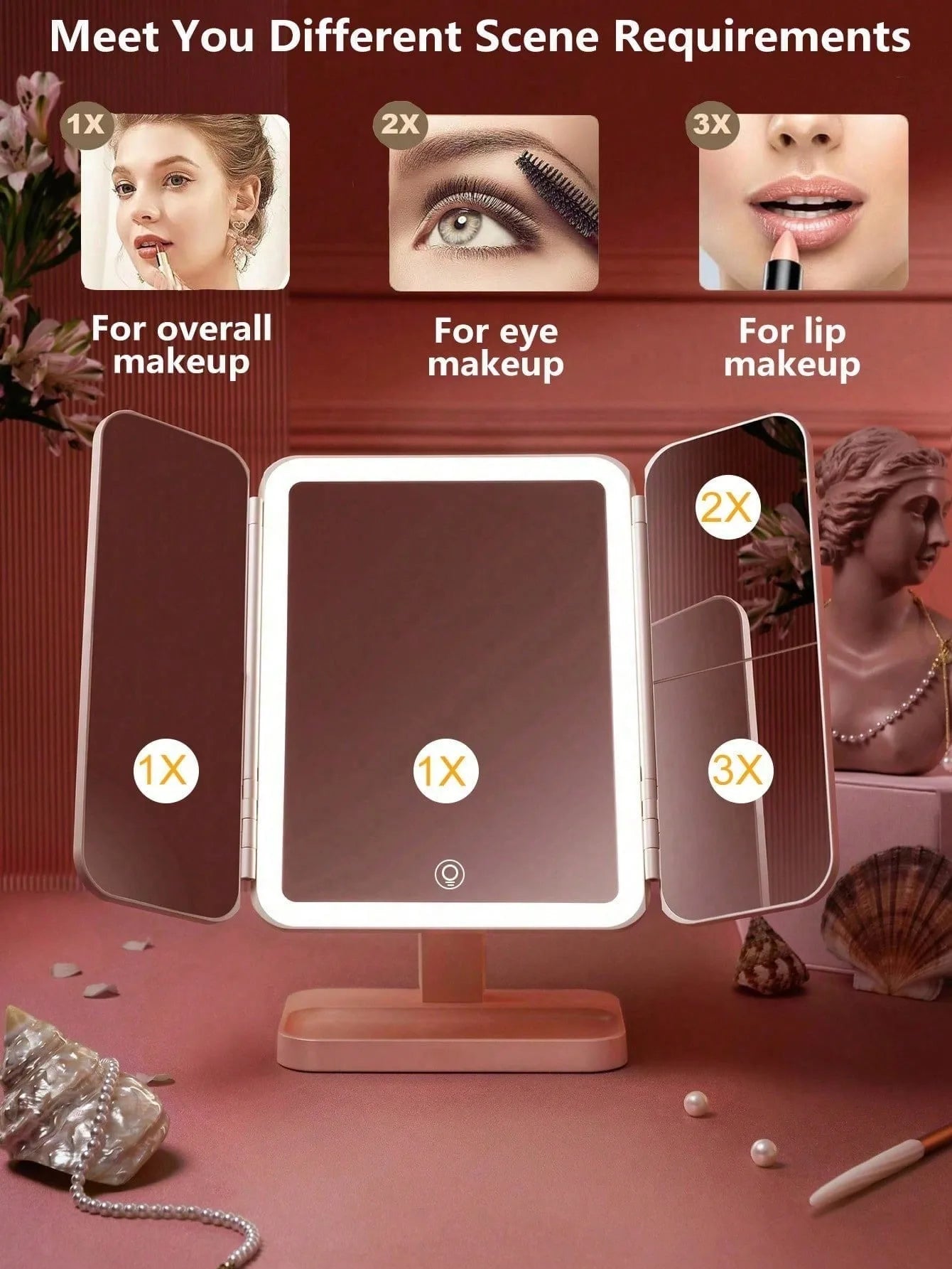 Trifold Makeup Mirror LED Lights Dorm Dressing Mirror Beauty Light up your fill light with Smart Complementary Makeup Mirror Tri