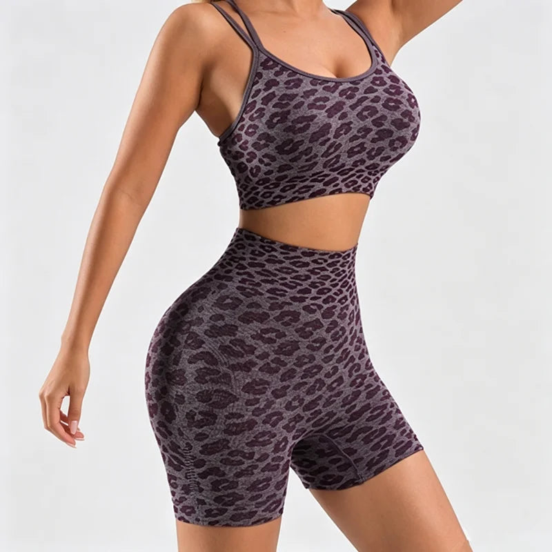 Leopard Print Two Piece Workout Set For Women Crop Tank