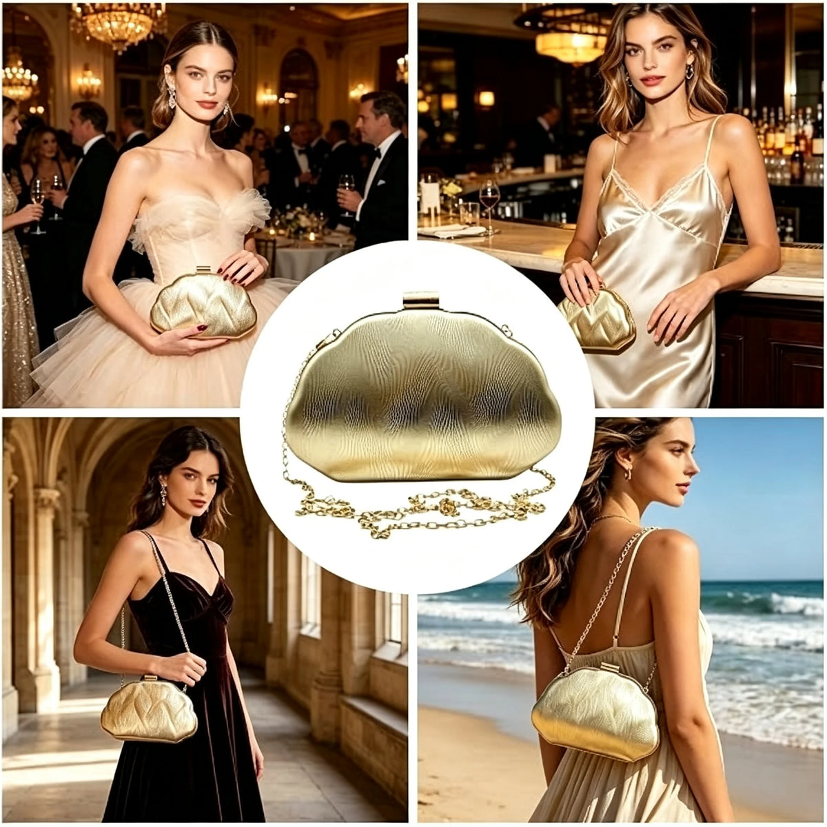 Women Metallic Cloud Shape Evening Clutch Handbag With Chain