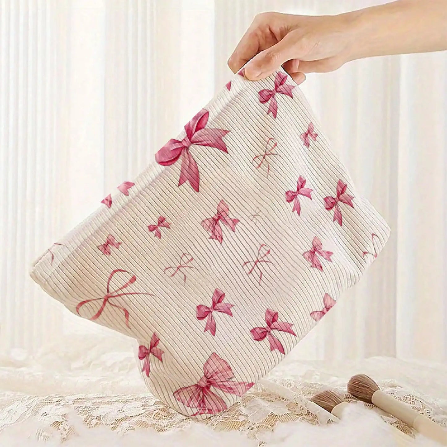Corduroy Makeup Bag With Bow Pattern Lightweight Zipper Organizer