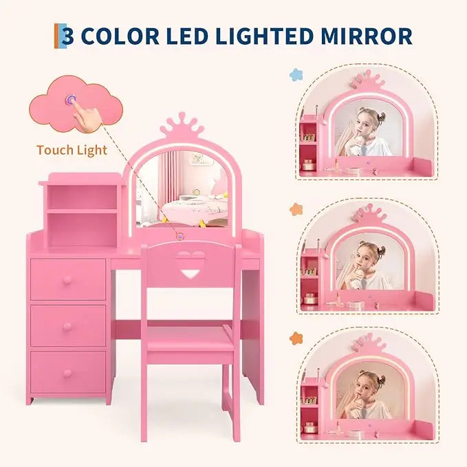 Kids Vanity with Lights, 2 in 1 Princess Makeup Vanity Desk & Chair Set, Toddler Vanity Table with Open Bookshelf for Girls