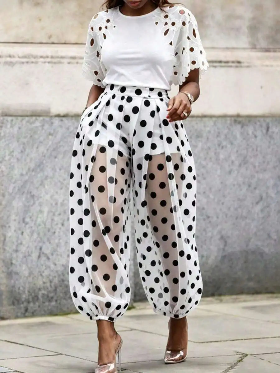 XTOCEAN Summer Women Black White Polka Dot Sheer Mesh Cuffed Ankle Pants Built-In Lined Loose Vacation Street Casual Trousers