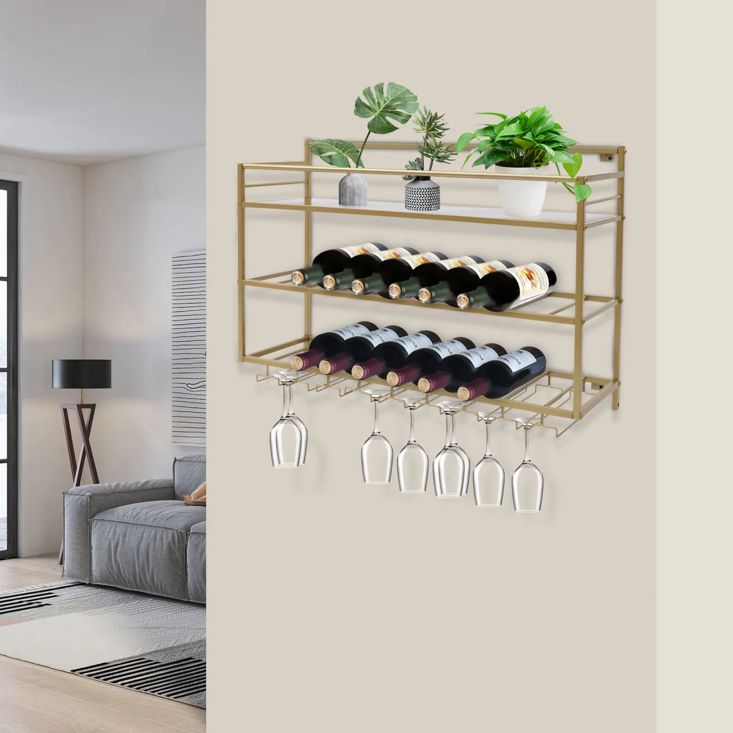 Wine Rack Wall Mounted, 3 Tier Gold Metal Wine Rack 80x25x55cm, 30kg/66lbs Heavy Duty Capacity with Wine Glass Holder, Space Saving Storage for Kitchen Bar Dining Room