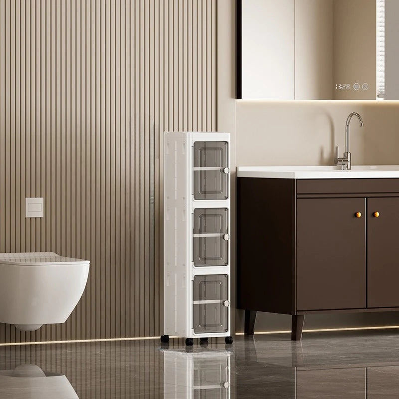 5-Tiers Slim Bathroom Storage Cabinet, Foldable Storage Cabinets,Narrow Bathroom Storage,Movable Bathroom Storage Organizer for Small Spaces,Bathroom,Kitchen,Laundry,White