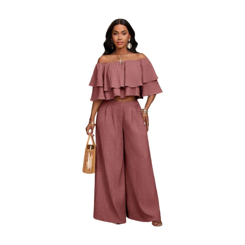Women Off Shoulder Ruffle Crop Top And Wide Pants Casual Set