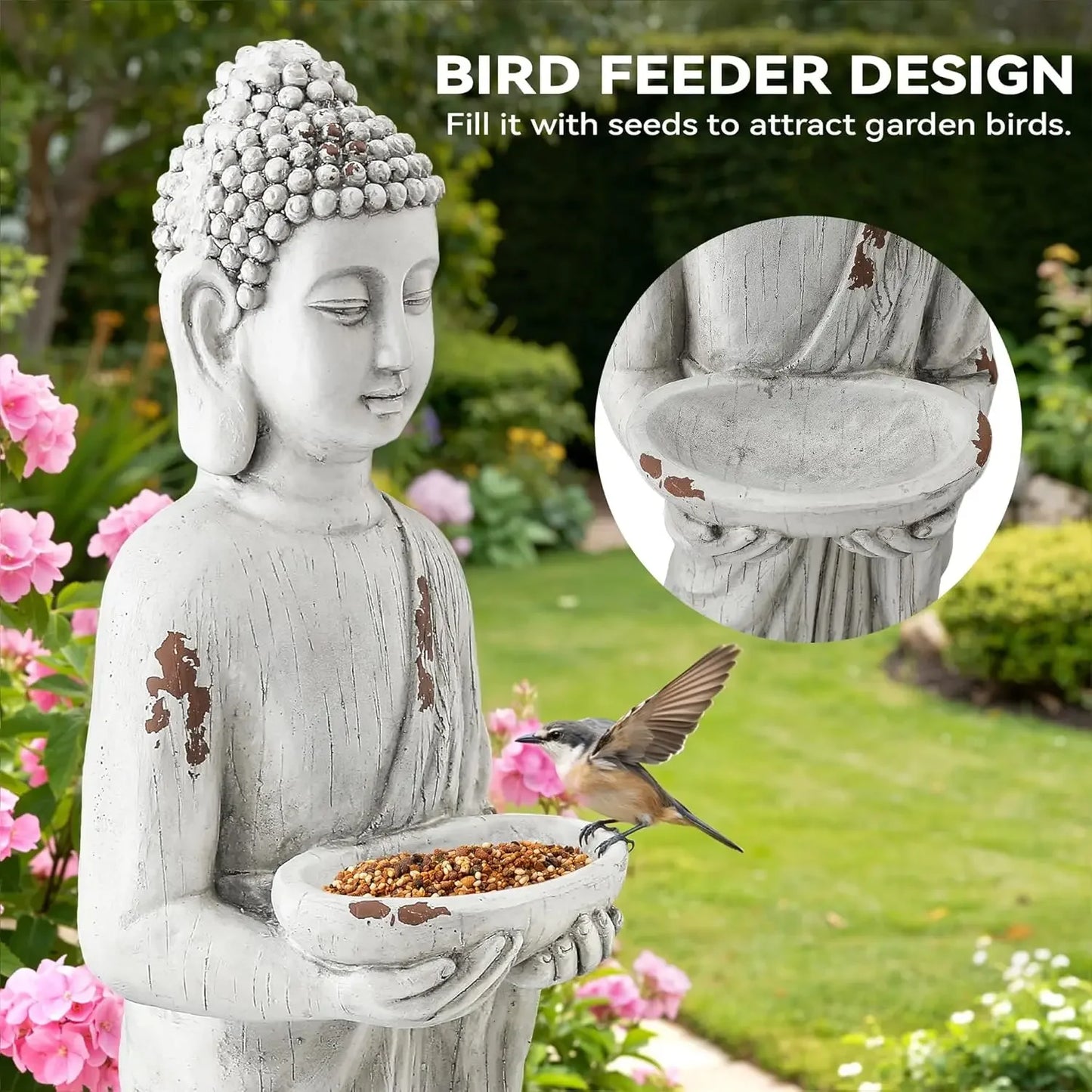 Meditative Buddha Statue Birdfeeder Zen Garden Sculpture Outdoor Decor