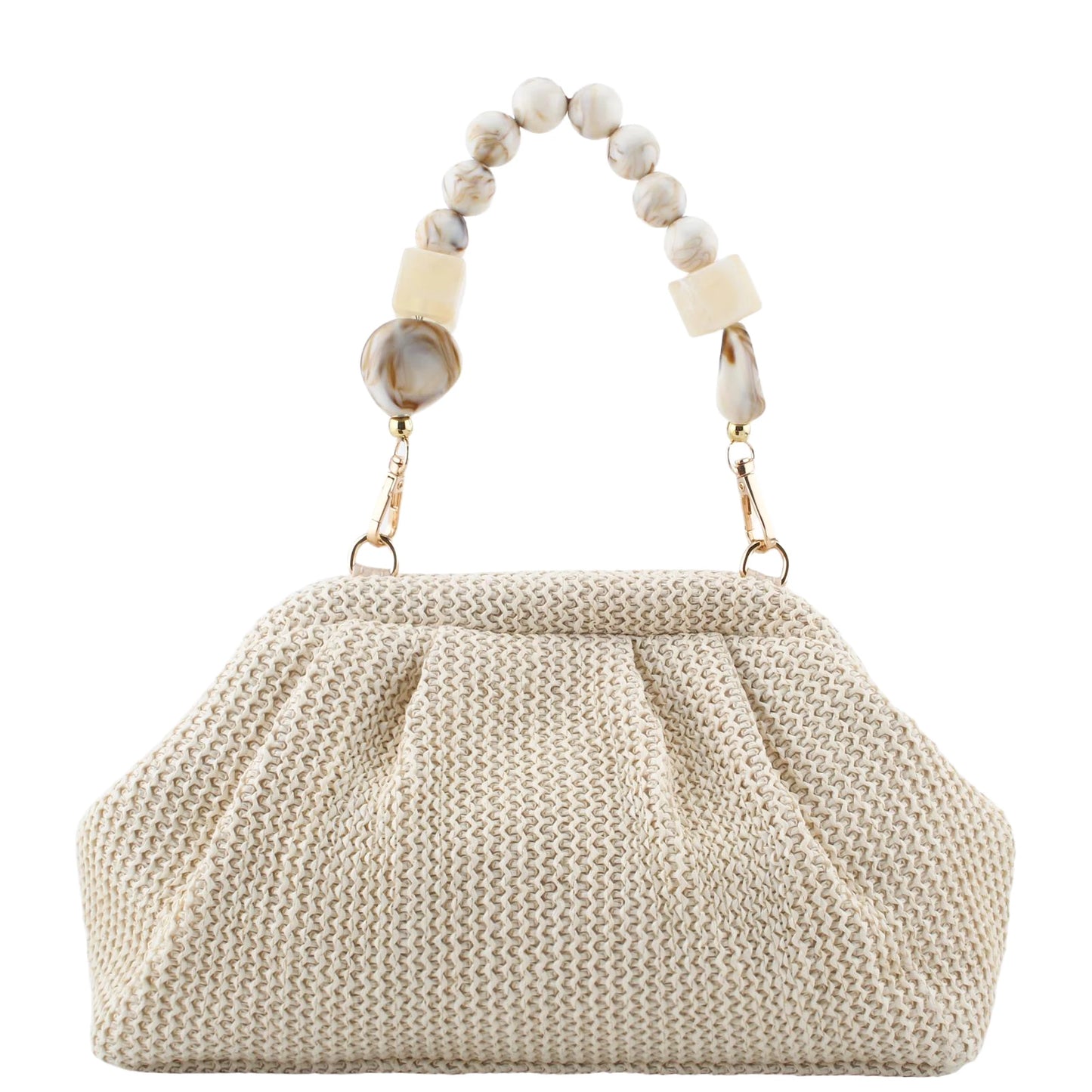 Premium Women Straw Woven Handbag With Chain Strap And Pearl
