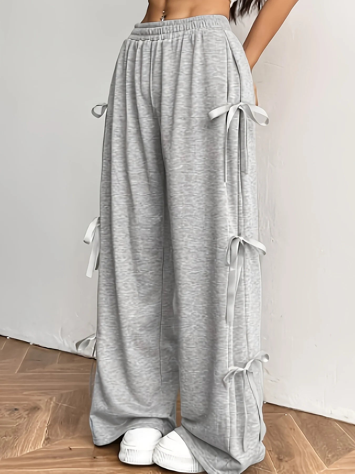 Plus size women's sweet and cool style grey wide-leg pants; bow tie design; loose casual long pants