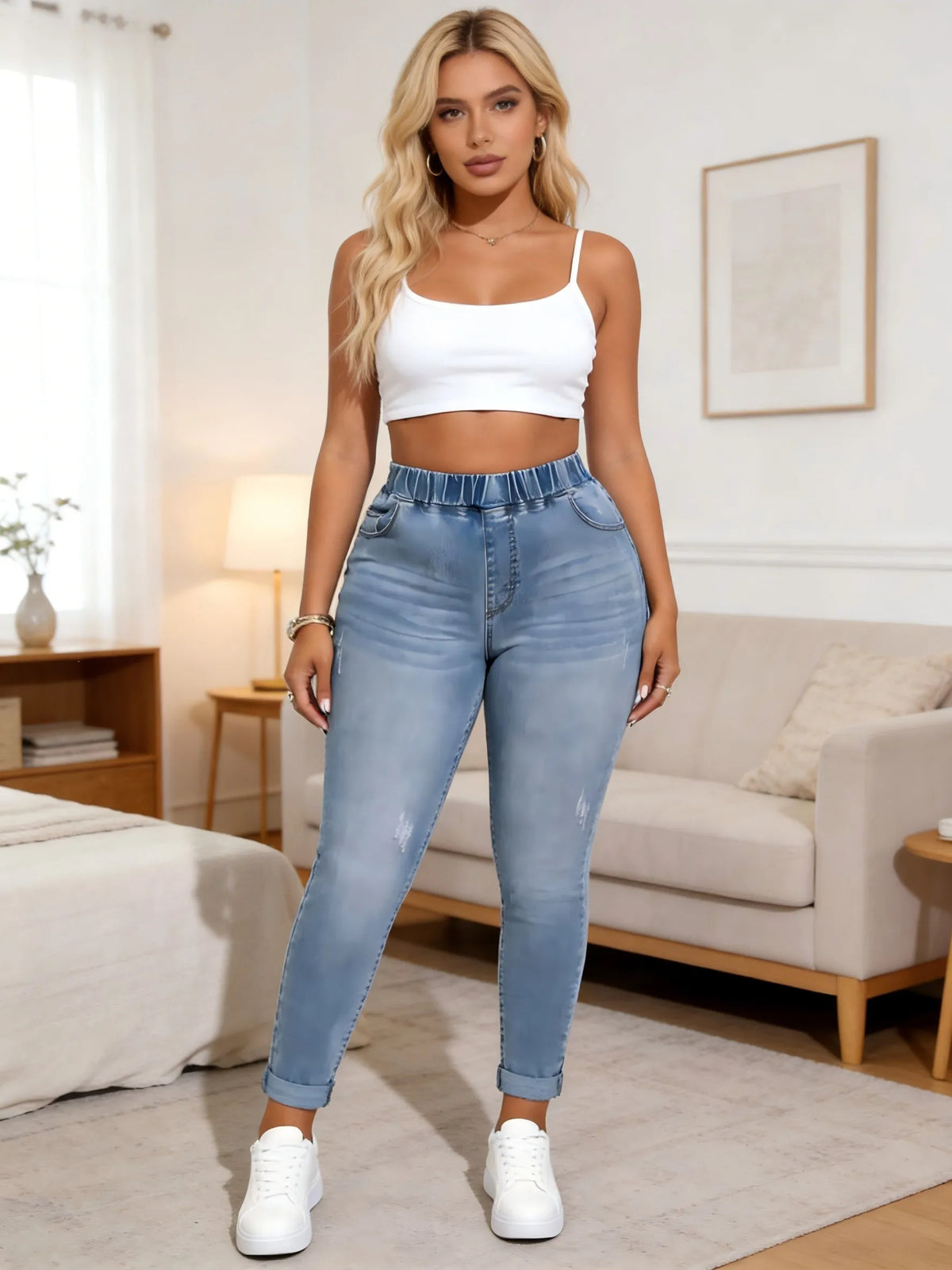 【HME】Jeans | Women Skinny Jeans High Waist Stretch Denim Pants Hip-Lifting Cuffed Ankle Y2K Aesthetic Casual Slim Trousers