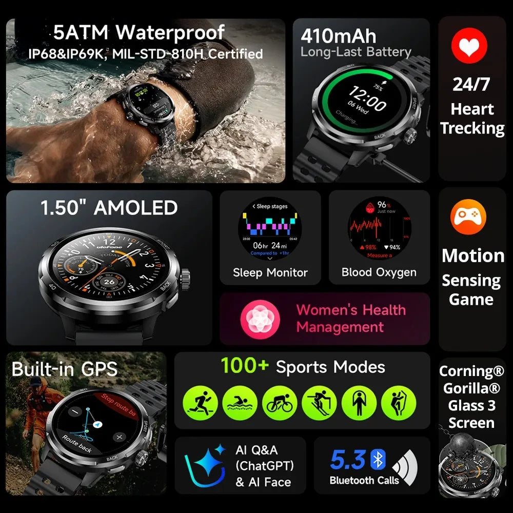 Ulefone Armor Watch Pro 1.5" AMOLED Smartwatch with Built-in GPS, Heart Rate Monitoring, Sports Watch for Men & Women