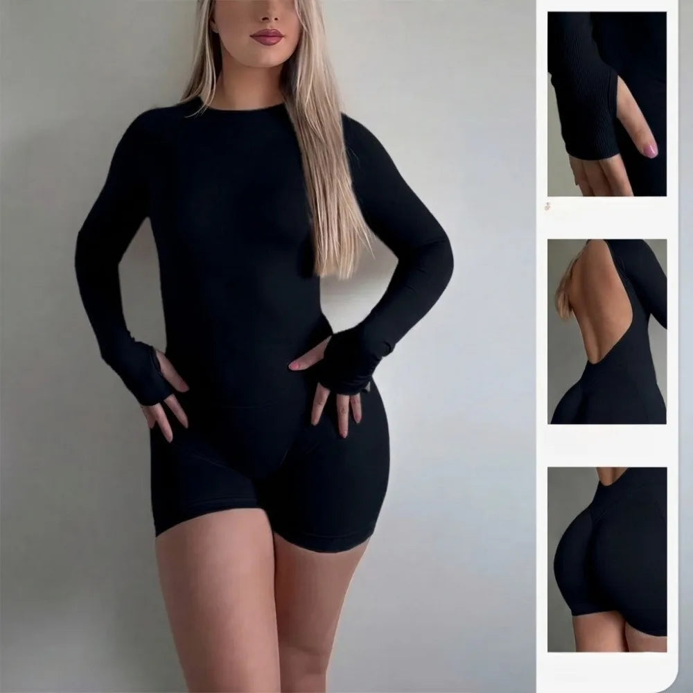 Women Open Back Seamless Knit Yoga Jumpsuit Nylon Quick Dry