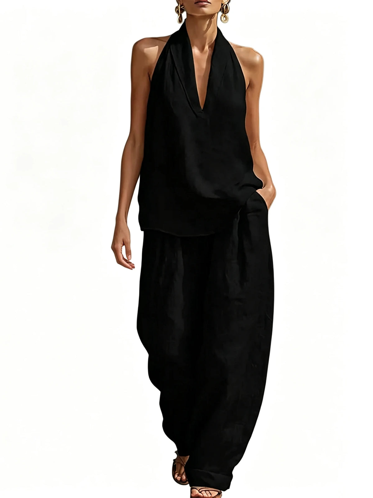 Women's Halter Top And Wide Leg Pants Matching Set