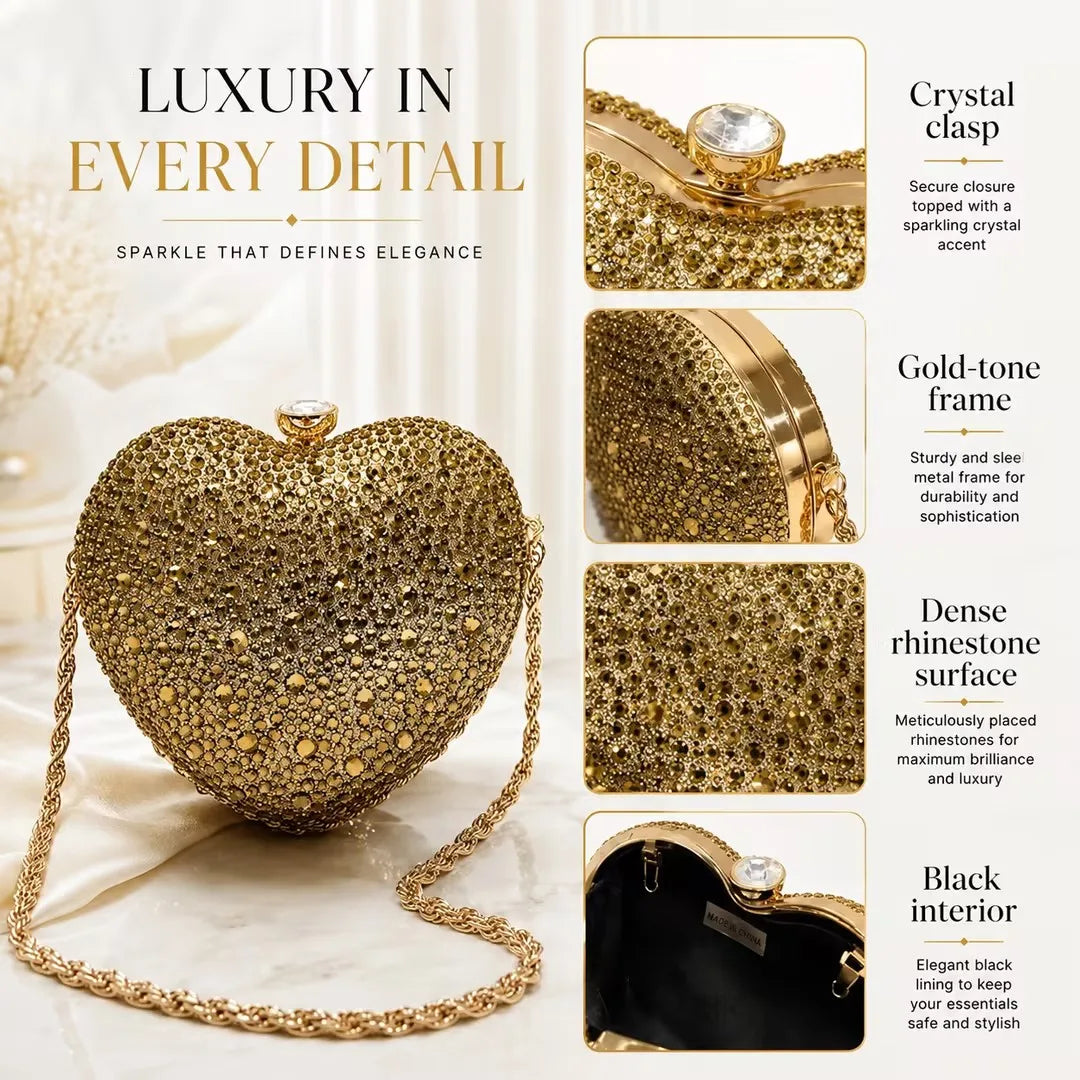 Women Golden Rhinestone Heart Evening Clutch Bag Detachable Chain Shoulder Crossbody Bag Luxury Wedding Bridal Purse Prom Party Cocktail Handbag