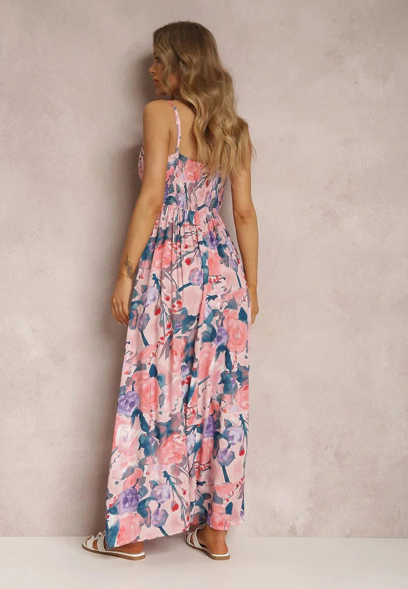 Women Watercolor Floral Maxi Dress V Neck With Tassel Tie