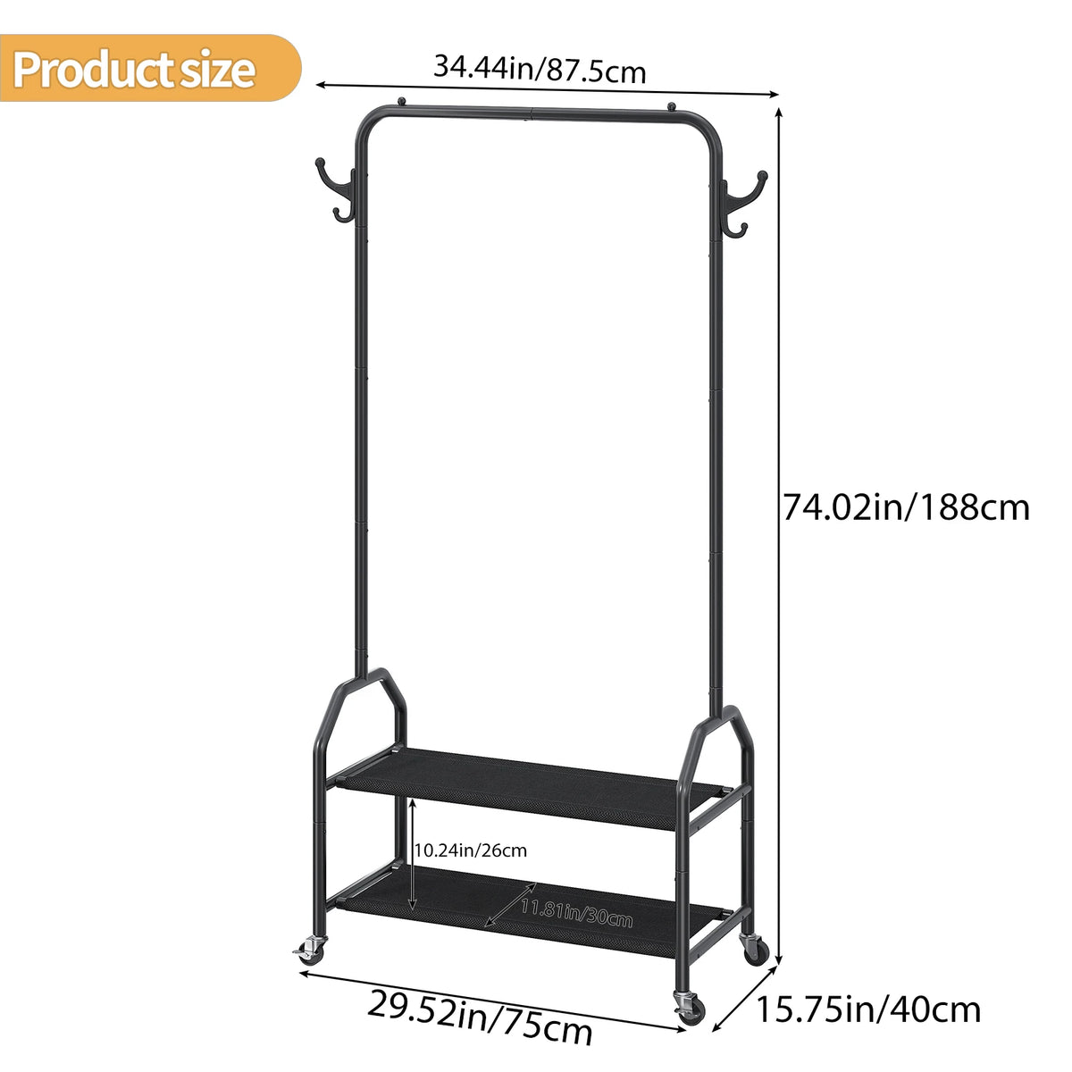 Clothes Rack with 2 Tier Shelves Iron Rolling Clothes Hanger with Universal Wheels Laundry Rack for Bedroom Laundry Living Room