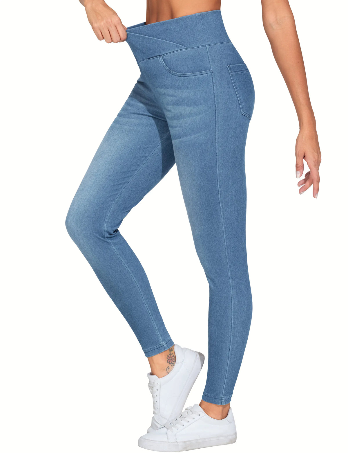 THE GYM PEOPLE Women's High Waisted Skinny Denim Jegging Pants with Pockets V Cross Stretchy Jean Leggings
