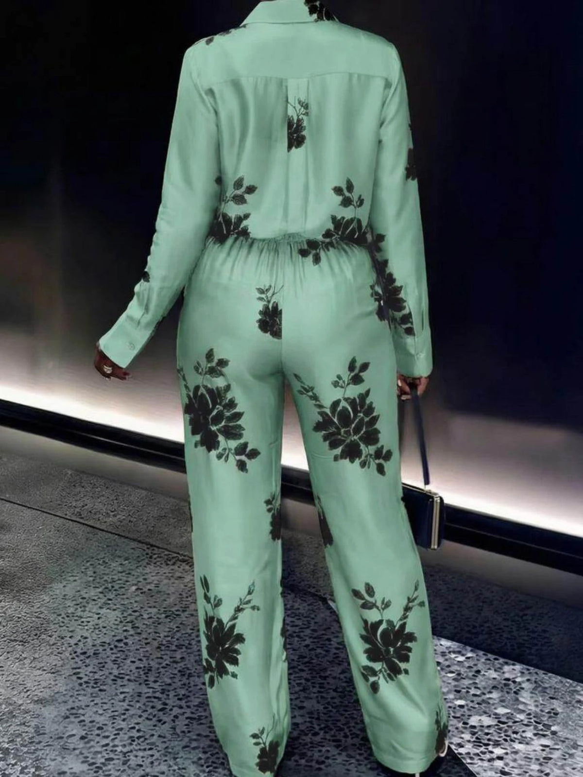 Women Printed Collar Shirt Matching Pants Casual Two Piece Set