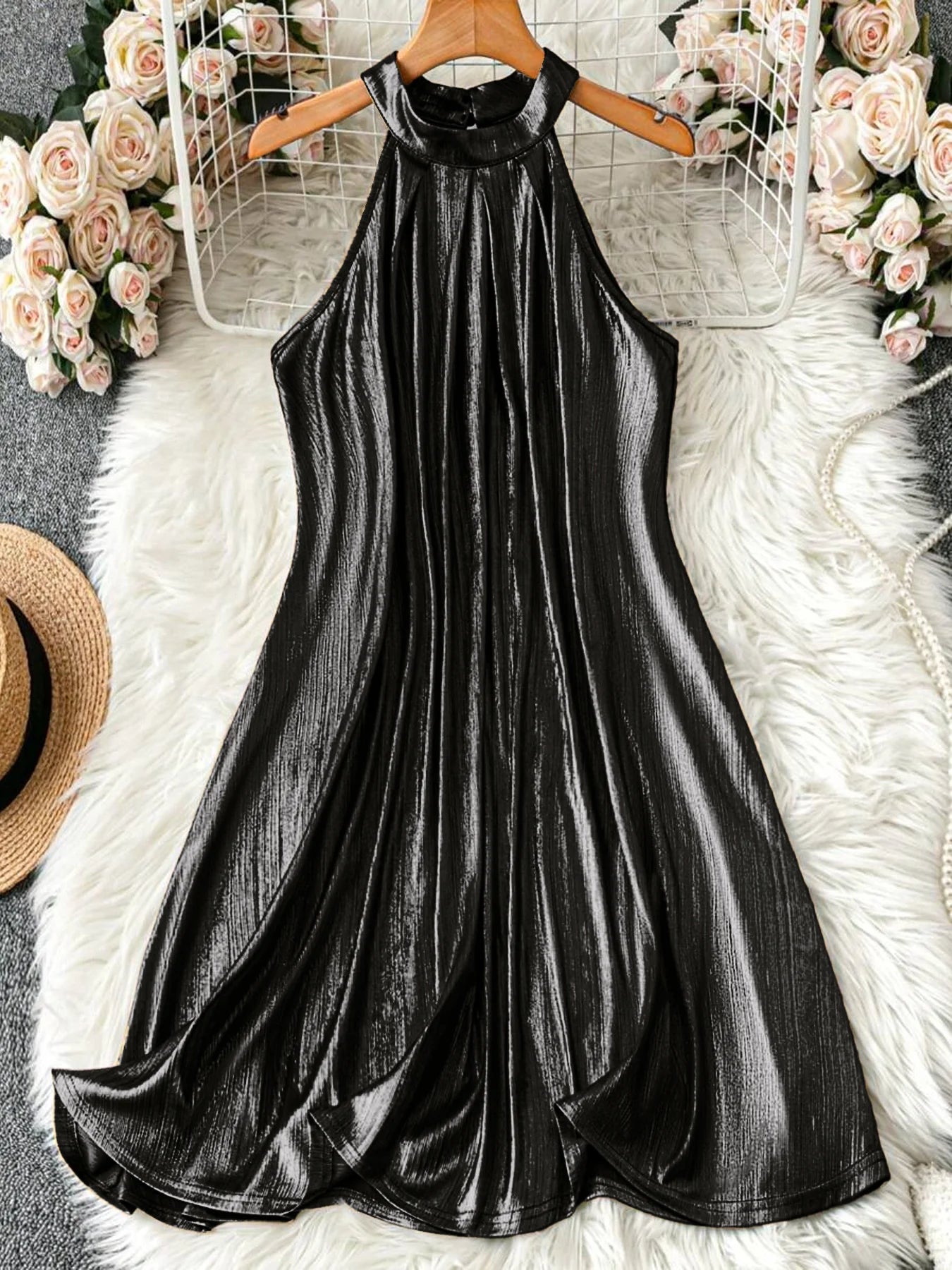 Women Sequined Sleeveless Cocktail Dress Elegant Polyester Party Evening Wear