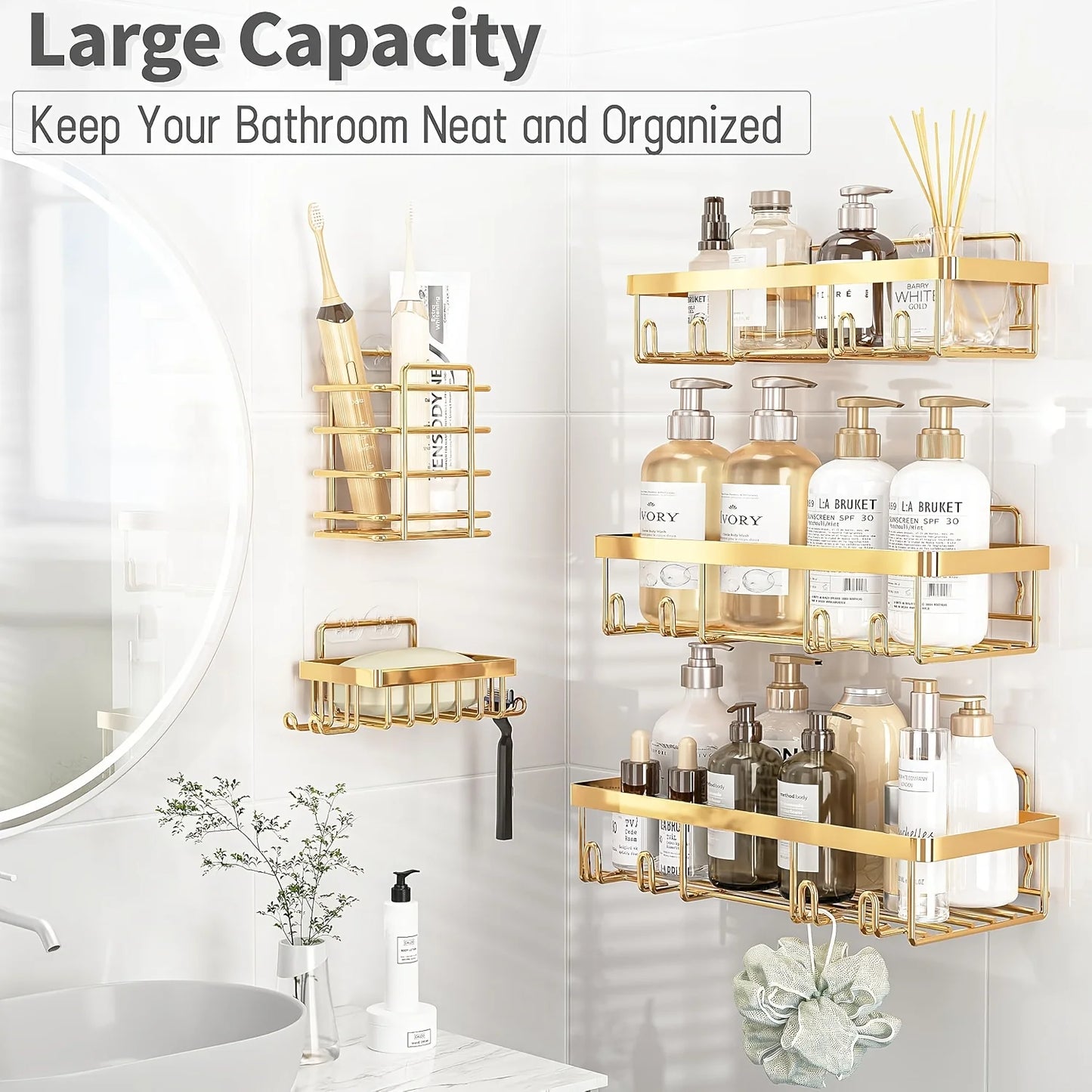 Shower Caddy Adhesive, 5 Pack Rustproof Stainless Steel Shower Shelves with Large Capacity, No Drilling Bathroom Organizers and Storage for Home Decor, Golden