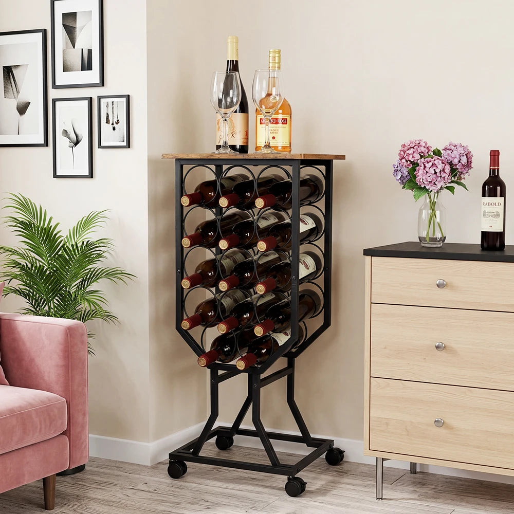 Industrial Freestanding Wine Rack with Wheels, Rustic Wood Top Metal Wine Storage Organizer, Mobile Floor Wine Holder for Bar , Kitchen Pantry & Restaurant Decor