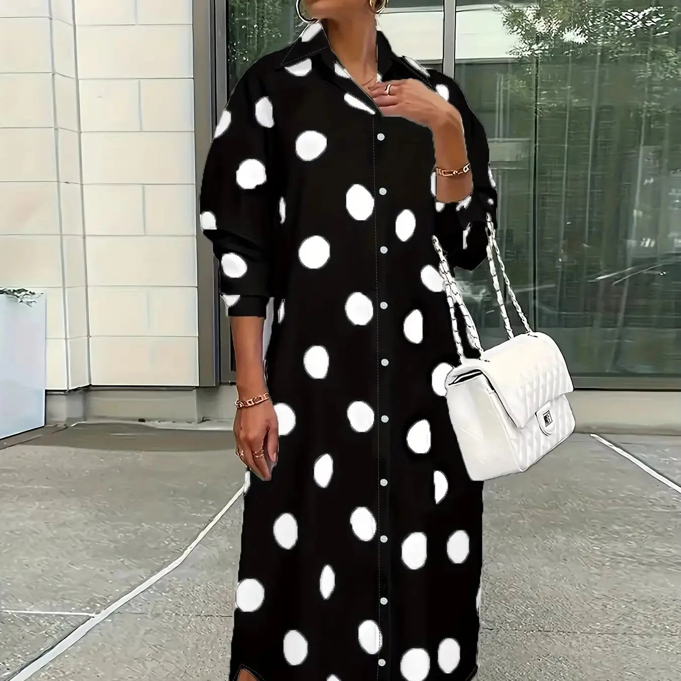 Elegant Plus Size Polka Dot Lapel Shirt Dress