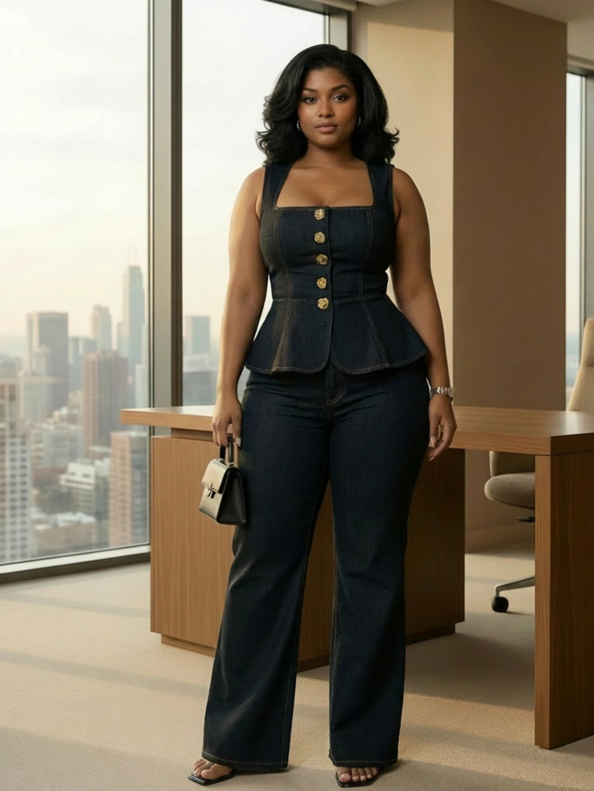 Women's Plus Size Square Neck Sleeveless Peplum Top Matching Flare Long Pants For Office Daily Street Fashion Occasions