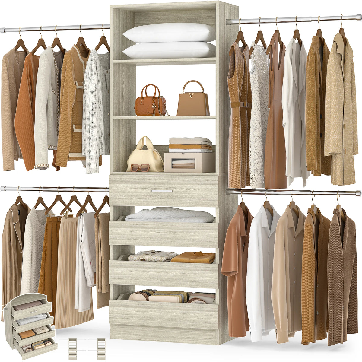 4-9Ft Closet System with 4 Wooden Drawers, Walk-in Closet Organizer Wardrobe Clothes Rack with 4 Hanging Rods, Garment Rack