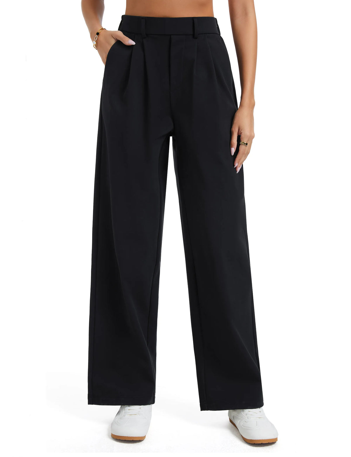 THE GYM PEOPLE Women's Wide Leg Dress Pants Pull On Elastic Waist Straight Leg Stretchy Business Slacks Trousers with Pockets