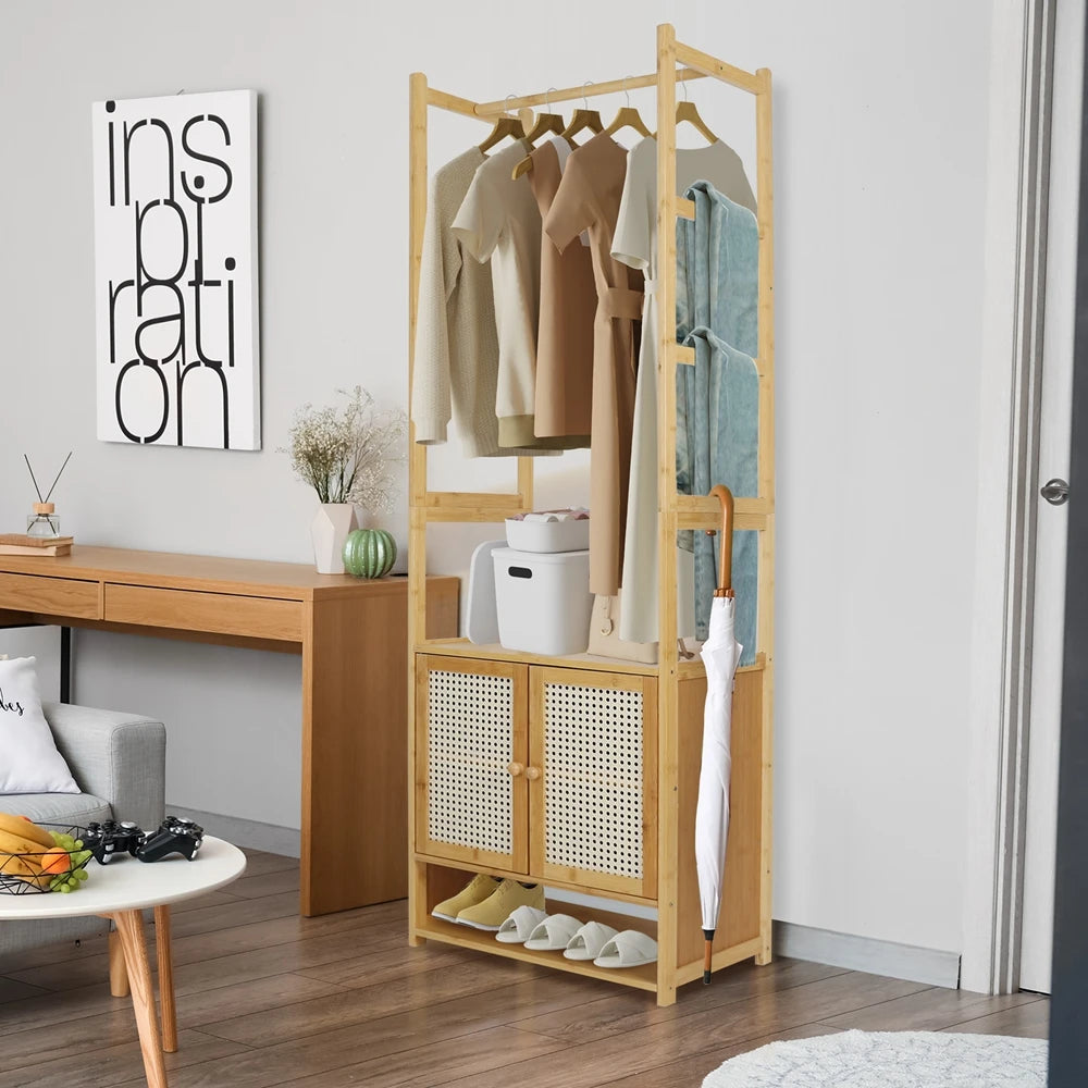 Free Standing Bamboo Clothes Rack Garment Coat Stand Shoe Storage Cabinet Shelf