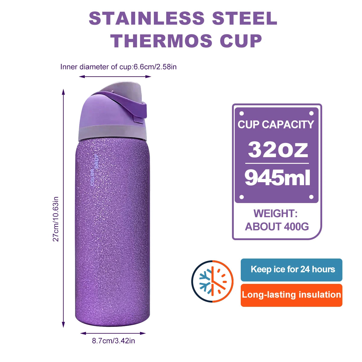 Owalaa diamond purple 32oz/945ml stainless steel insulated water bottle with straw,for daily sports outdoor,perfect gift
