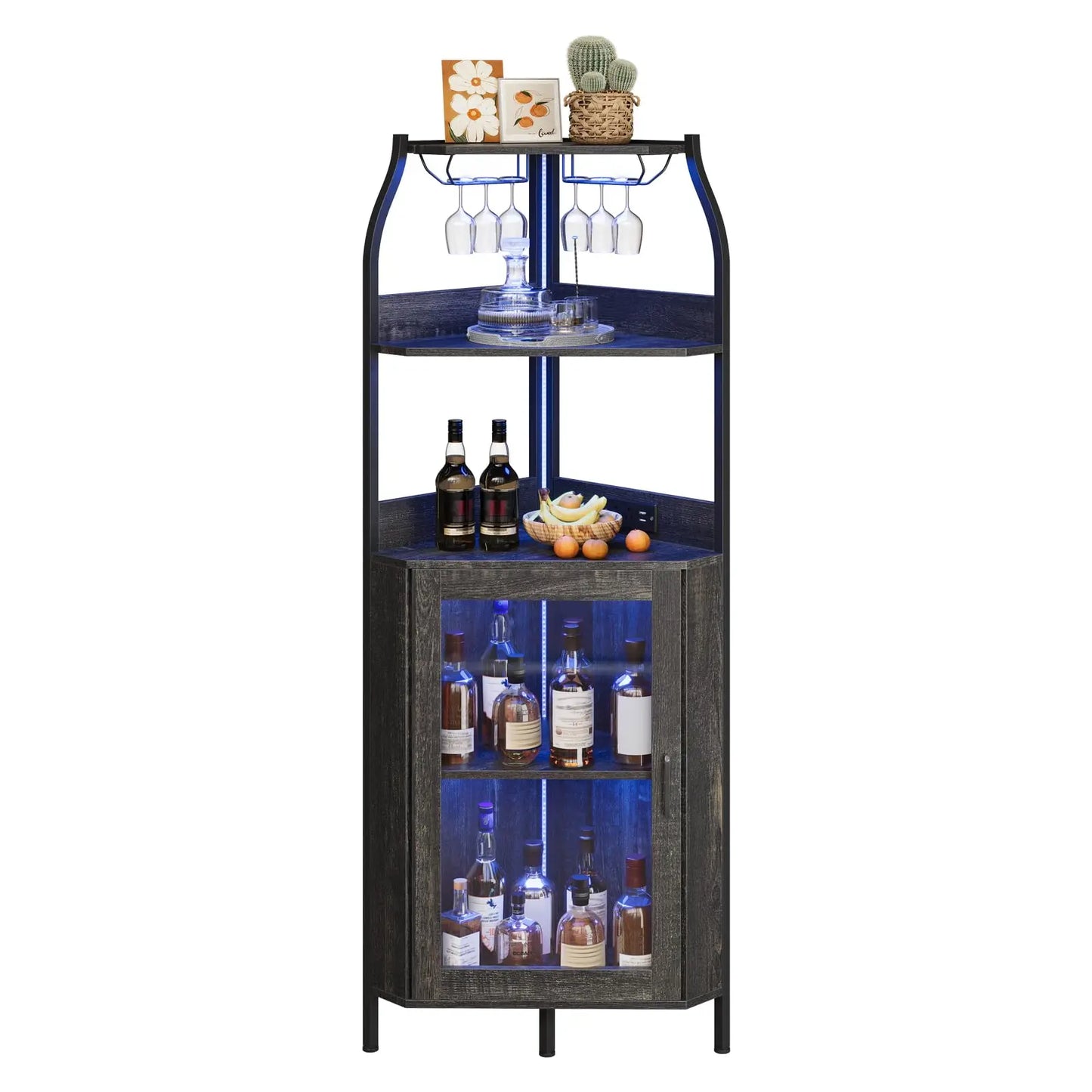 Corner Bar Cabinet With Power Outlet And LED Lights, 5 Tier Industrial Wine Rack, Glass Holder Liquor Storage Display For Small Spaces
