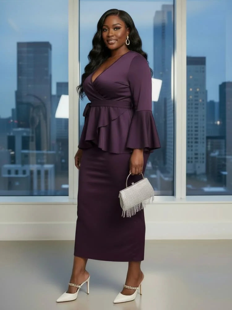 Plus Size V Neck Flare Sleeve Wrap Peplum Top + High Waist Midi Skirt Matching Set For Women Evening Bodycon Two Piece Outfit