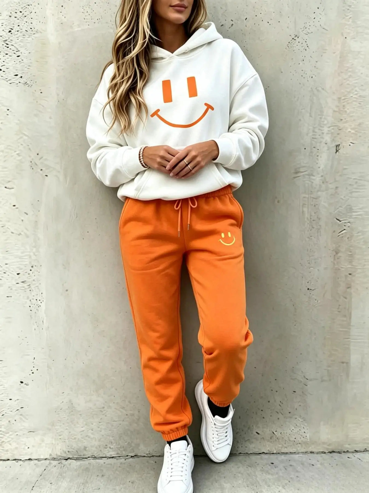 Women Smile Face Print Hoodie Jogger Two Piece Casual Tracksuit