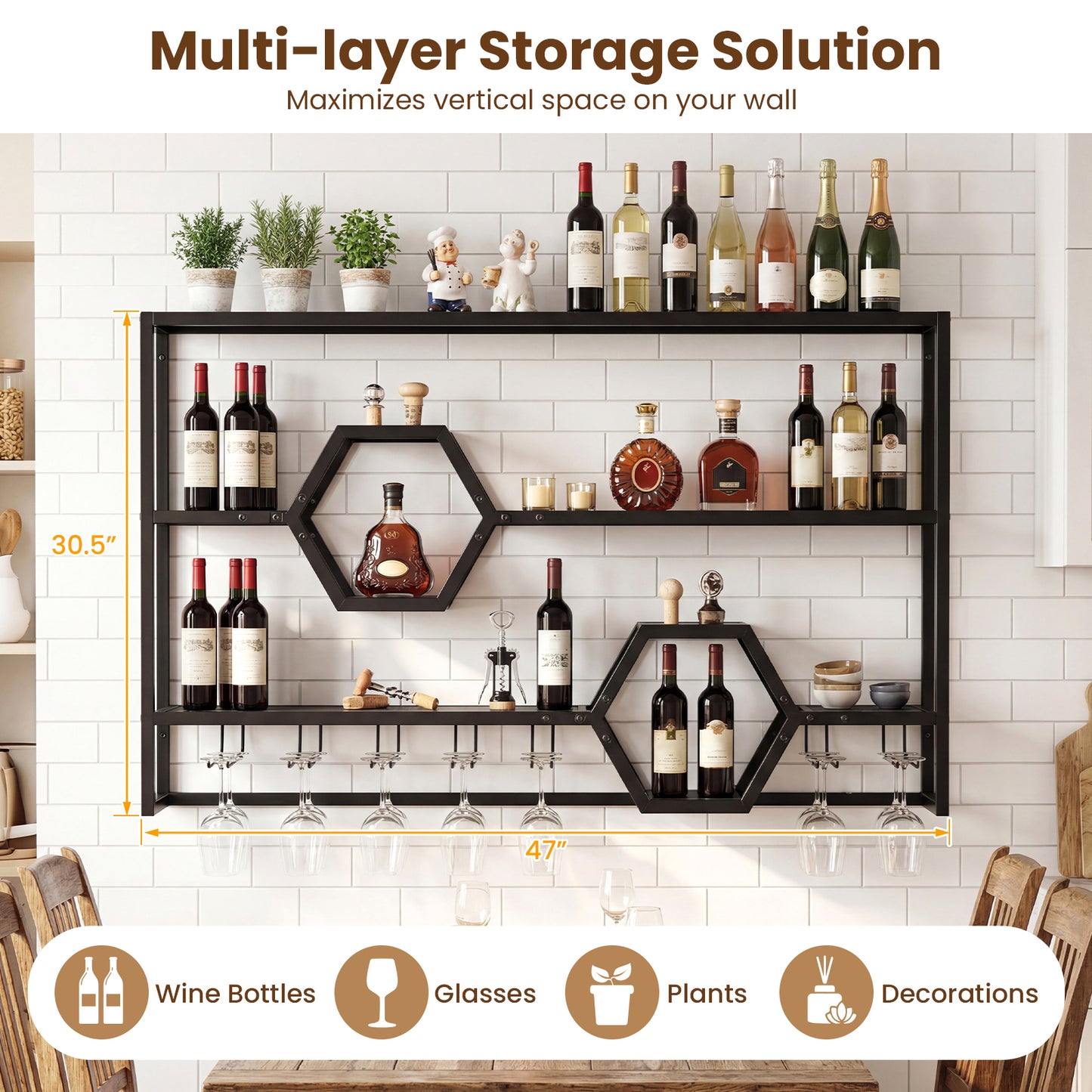 Wall Mounted Wine Rack 47” Large Floating Bar Shelves w/ Glass Holder for Kitchen