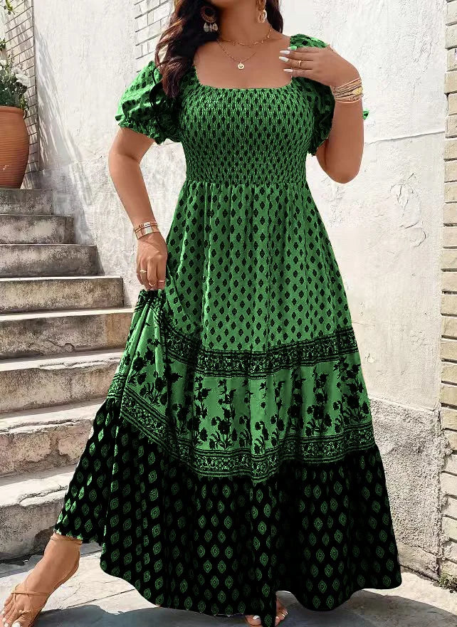 Women Short Sleeve Smocked Floral Print Bohemian Sundress