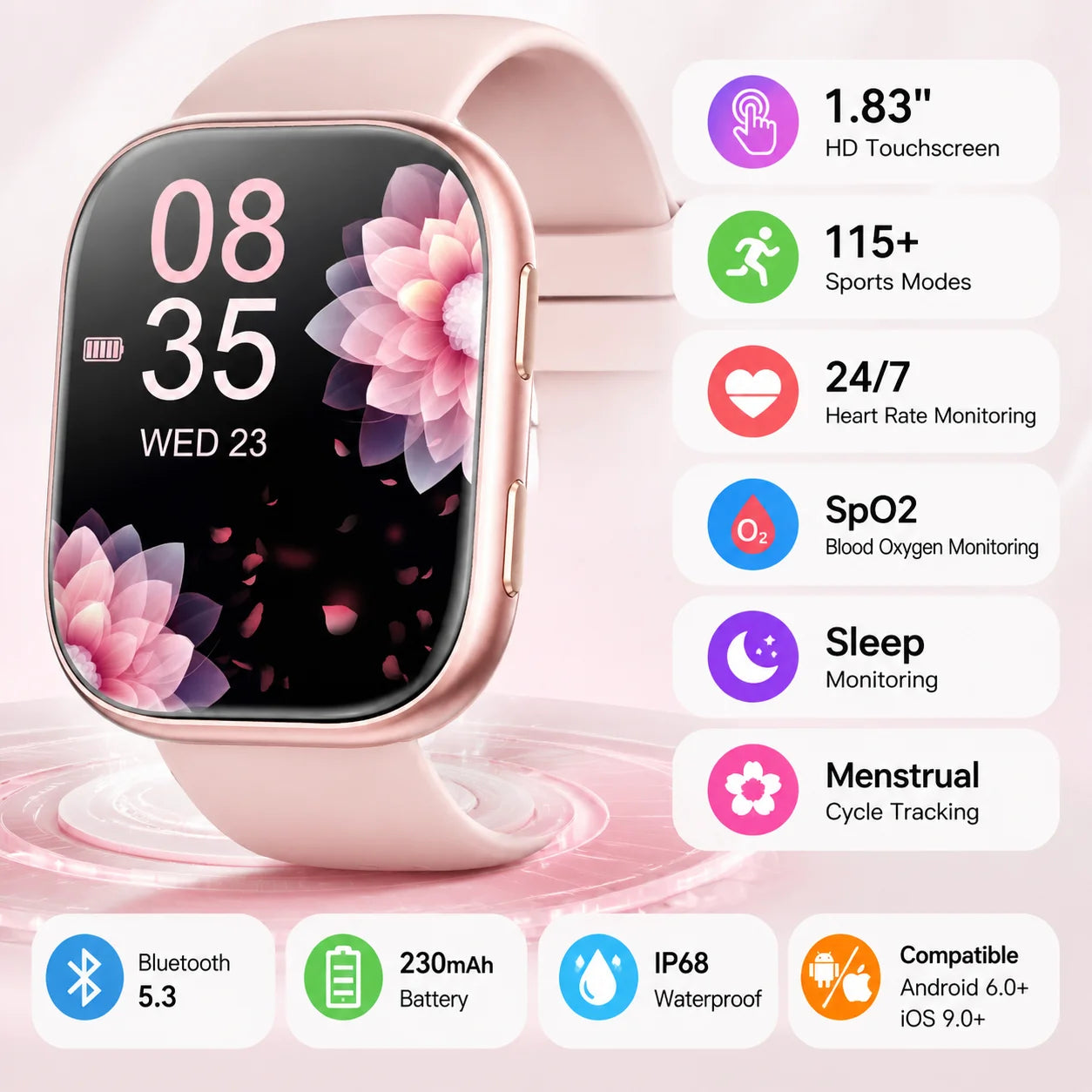 Ladies Smart Watch HD Touch Screen Heart Rate Fitness Tracker