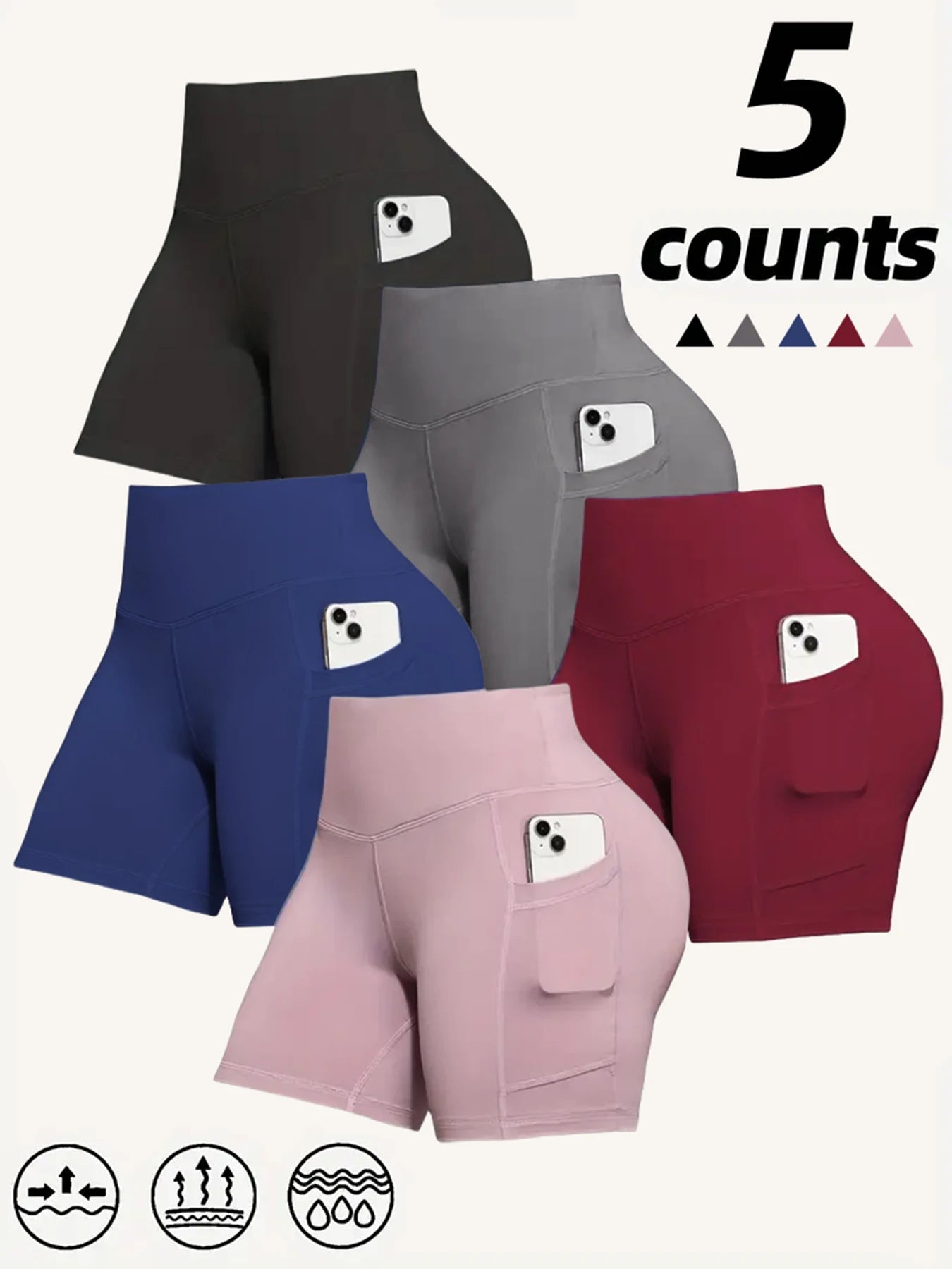 5 Pack Womens High Waisted Biker Shorts With Pockets