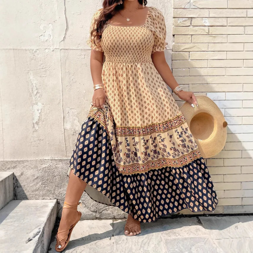 Women Short Sleeve Smocked Floral Print Bohemian Sundress