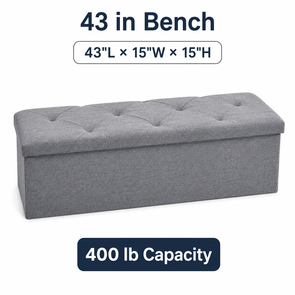 Folding Storage Ottoman Bench and Cube, Gray Tufted Fabric Storage Chest Footrest Seat with 400 lb Capacity for Bedroom Entryway Living Room, Multiple Sizes