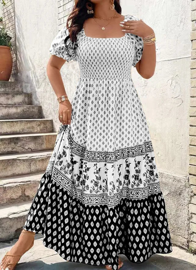 Women Short Sleeve Smocked Floral Print Bohemian Sundress