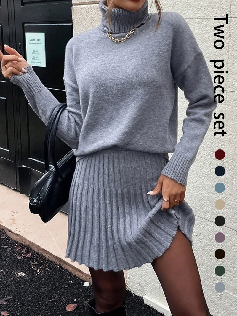 Women's Knitted Sweater And Pleated Skirt Two Piece Outfit
