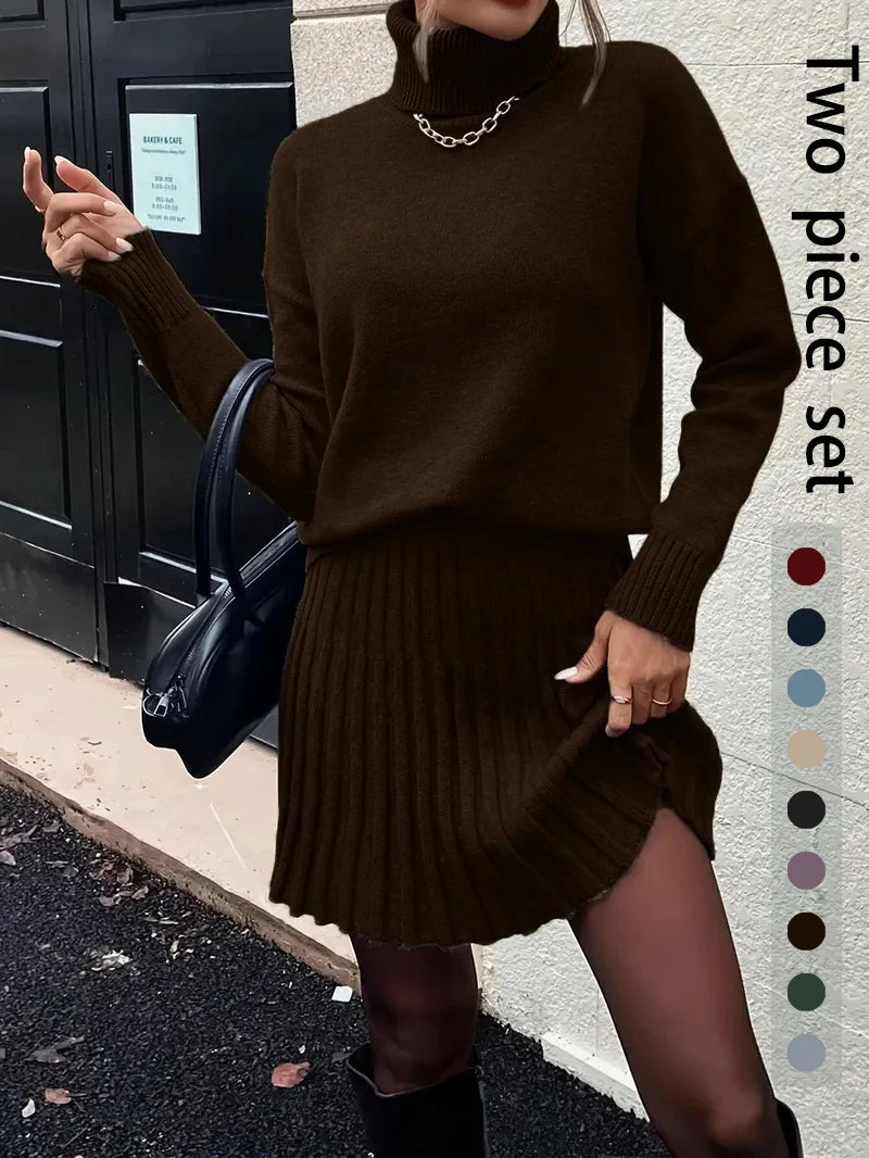 Women's Knitted Sweater And Pleated Skirt Two Piece Outfit
