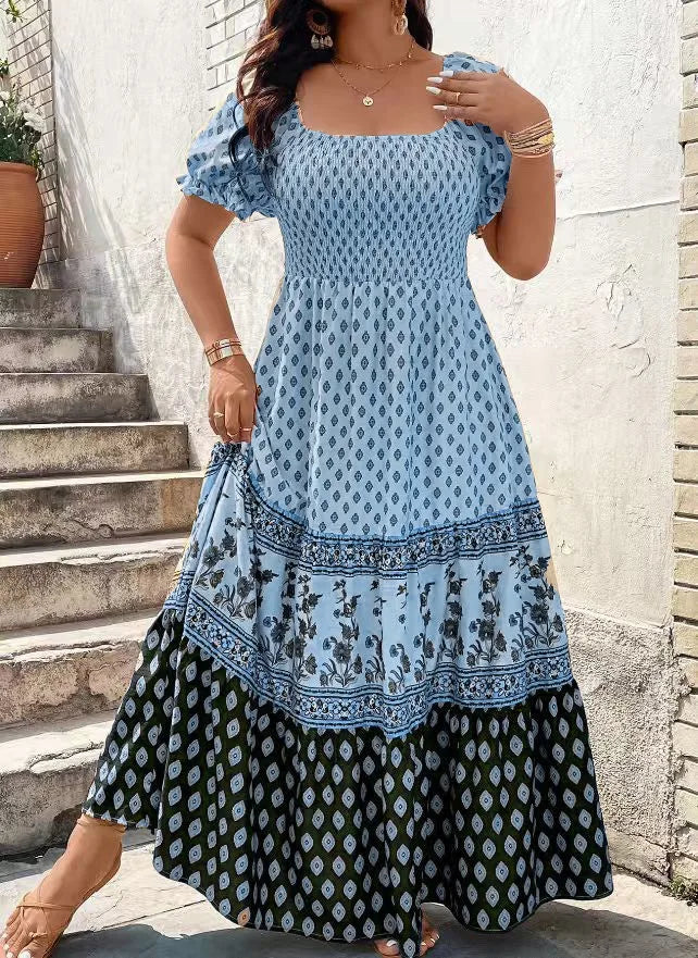Women Short Sleeve Smocked Floral Print Bohemian Sundress