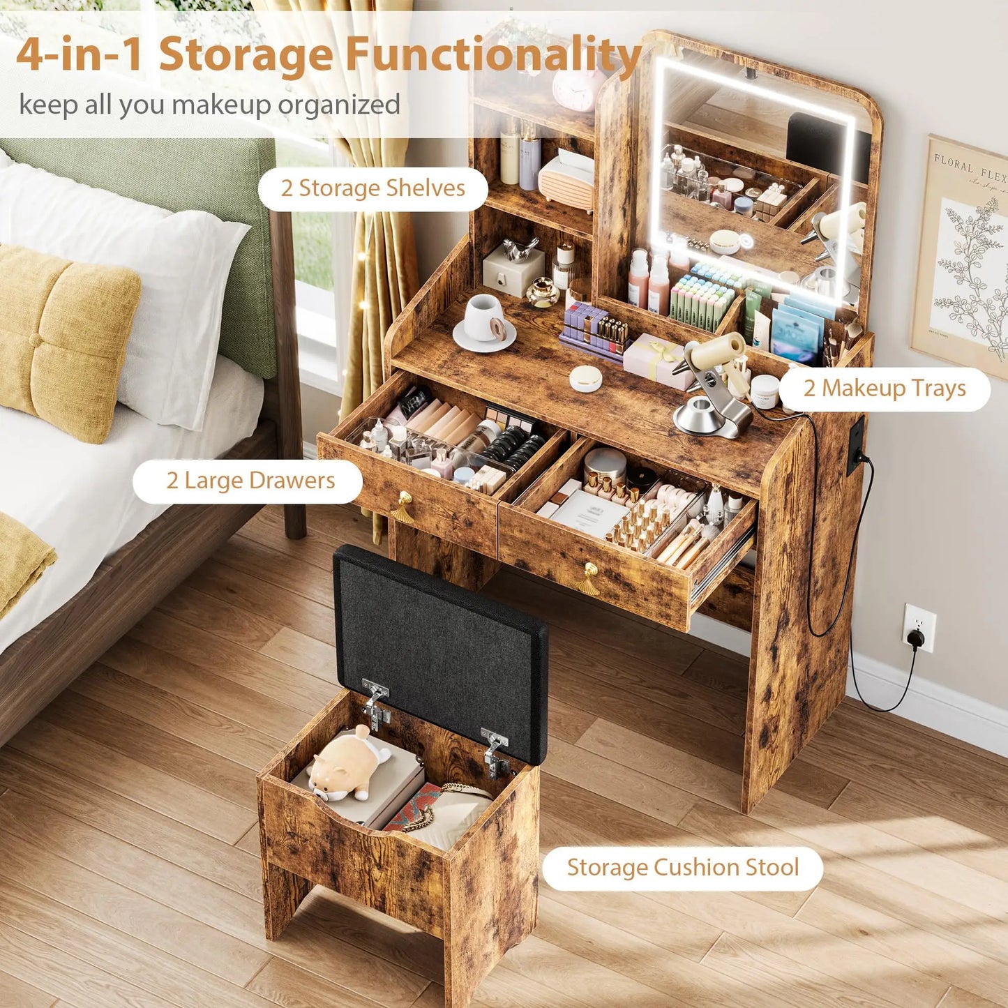 Vanity Desk With LED Lighted Mirror, Charging Station, 2 Drawers, Storage Stool, Mini Makeup Table Set For Bedroom Women & Girls