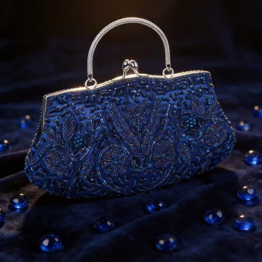 Handmade Beaded Floral Evening Clutch Purse With Kiss Lock