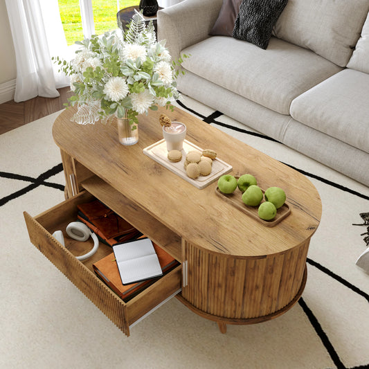 45 Inch Oval Coffee Table With Storage, Mid Century Modern Center Table With Drawer And Sliding Doors, Nature Oak