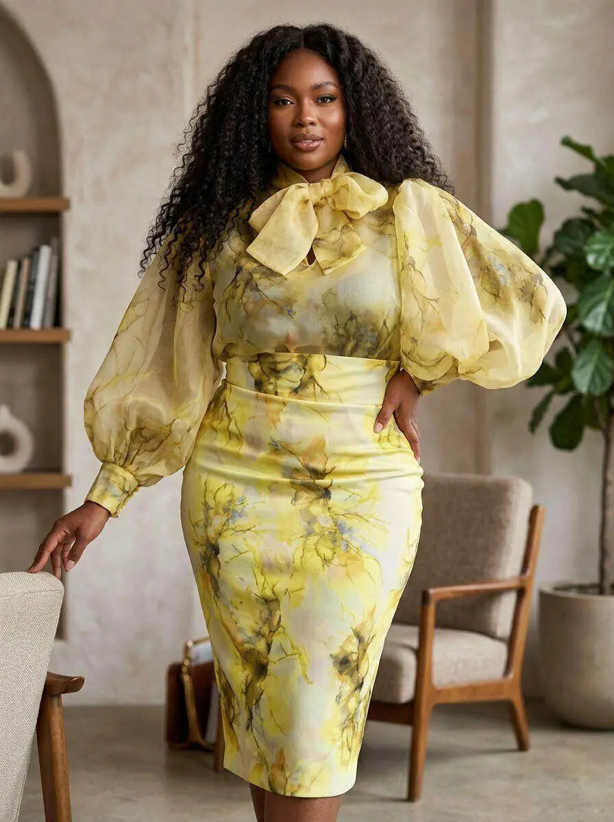 Women Long Sleeve Printed Bodycon Midi Skirt Two Piece Outfit