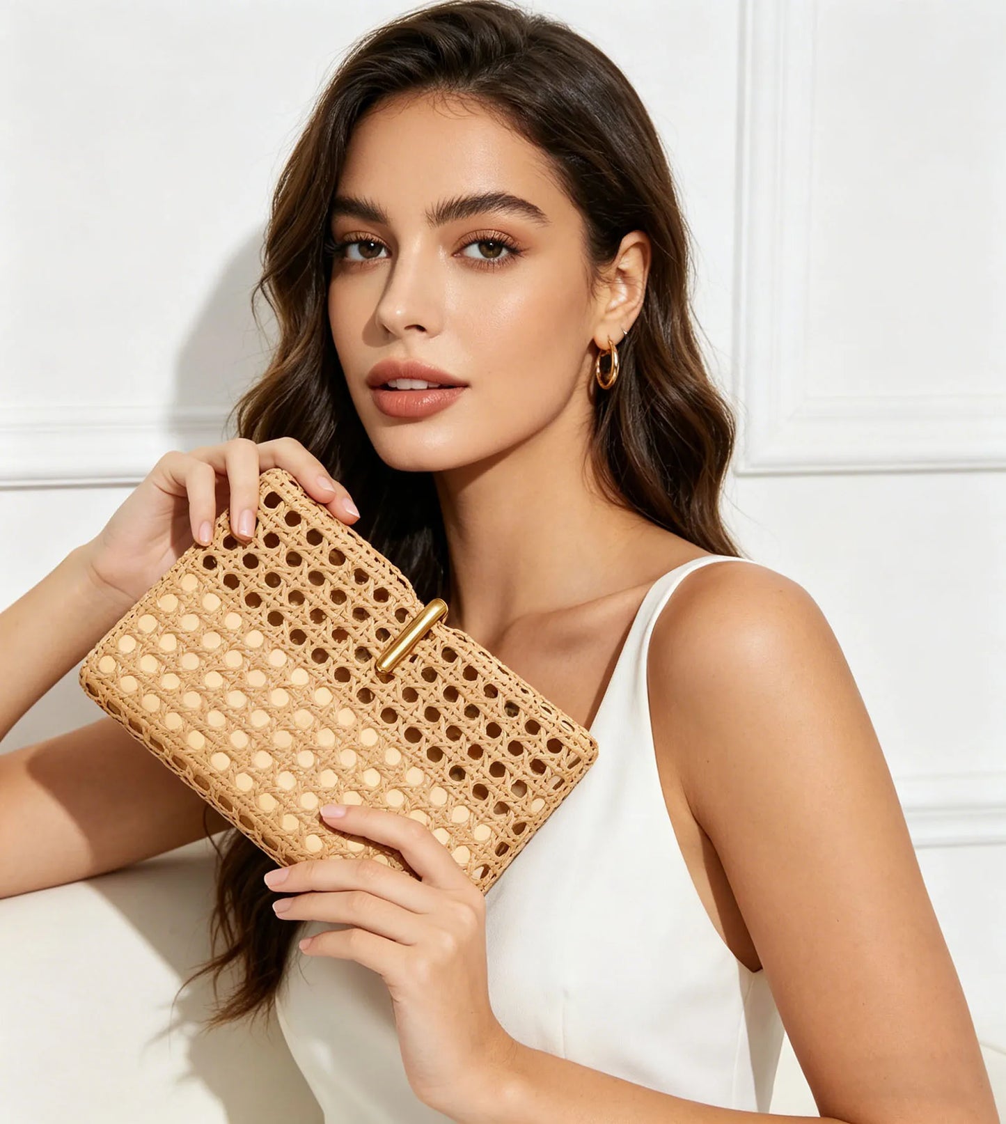 Square Woven Rattan Clutch Bag With Gold Chain Strap